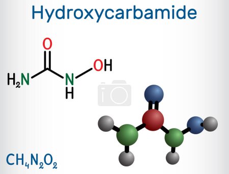 Ilustración de Hidroxicarbamida, molécula de hidroxiurea. Es medicamento antimetabolito para tratar la crisis de anemia drepanocítica. Fórmula química estructural, modelo molecular. Ilustración vectorial - Imagen libre de derechos