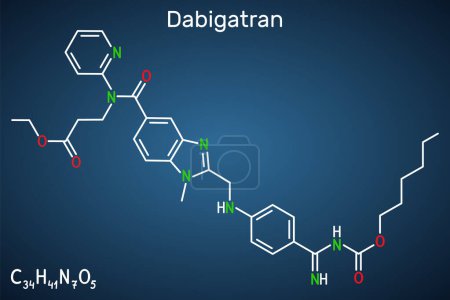 Ilustración de Molécula de Dabigatrán. Es medicación anticoagulante. Fórmula química estructural sobre el fondo azul oscuro. Ilustración vectorial - Imagen libre de derechos