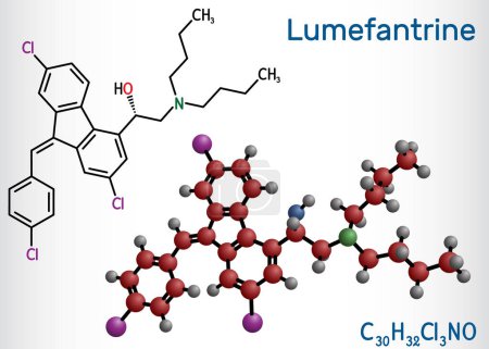 Illustration for Lumefantrine, benflumetol molecule. It is used for the treatment of malaria. Structural chemical formula, molecule model. Vector illustration - Royalty Free Image