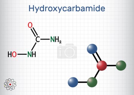 Ilustración de Hidroxicarbamida, molécula de hidroxiurea. Es medicamento antimetabolito para tratar la crisis de anemia drepanocítica. Fórmula química estructural, modelo molecular. Hoja de papel en una jaula. Ilustración vectorial - Imagen libre de derechos