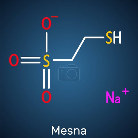 Ilustración de Molécula de Mesna. Se utiliza para reducir los efectos negativos de algunos medicamentos contra el cáncer en la vejiga. Fórmula química estructural sobre el fondo azul oscuro. Ilustración vectorial - Imagen libre de derechos