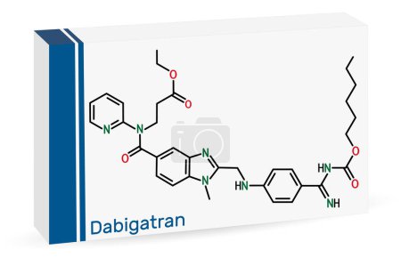 Ilustración de Molécula de Dabigatrán. Es medicación anticoagulante. Fórmula química esquelética. Envases de papel para medicamentos. Ilustración vectorial - Imagen libre de derechos