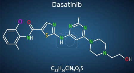 Illustration for Dasatinib molecule. It is used to treat of myelogenous leukemia, CML, and acute lymphoblastic leukemia, ALL. Structural chemical formula on the dark blue background. Vector illustration - Royalty Free Image