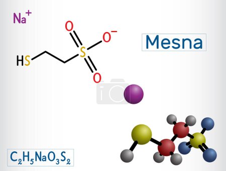 Ilustración de Molécula de Mesna. Se utiliza para reducir los efectos negativos de algunos medicamentos contra el cáncer en la vejiga. Fórmula química estructural, modelo molecular. Ilustración vectorial - Imagen libre de derechos