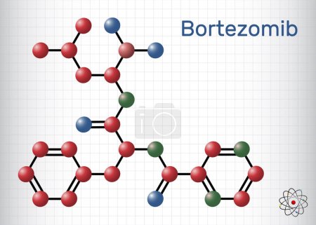 Ilustración de Molécula de bortezomib. Es un medicamento anticanceroso utilizado para tratar el mieloma múltiple y el linfoma de células del manto. Fórmula química estructural, modelo molecular. Hoja de papel en una jaula. Ilustración vectorial - Imagen libre de derechos