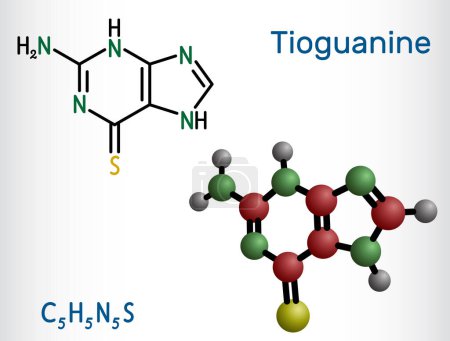 Ilustración de Tioguanina, tioguanina o 6-tioguanina molécula. Es un análogo de la purina, utilizado en el tratamiento de leucemias mielógenas. Fórmula química estructural y modelo molecular. Ilustración vectorial - Imagen libre de derechos