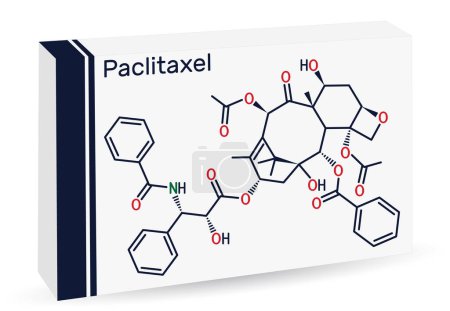 Téléchargez les illustrations : Paclitaxel, molécule PTX. Il est un agent chimiothérapeutique taxoïde utilisé pour le traitement du cancer de l'ovaire, du sein et du poumon. Formule chimique squelettique. Emballage de papier pour drogues. Illustration vectorielle - en licence libre de droit