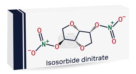 Illustration for Isosorbide dinitrate, ISDN molecule. It is vasodilator used to treat angina in coronary artery disease. Skeletal chemical formula. Paper packaging for drugs. Vector illustration - Royalty Free Image