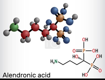 Téléchargez les illustrations : Molécule d'acide alendronique. C'est un médicament bisphosphonate, utilisé pour le traitement de l'ostéoporose. Formule chimique structurelle, modèle moléculaire. Illustration vectorielle - en licence libre de droit