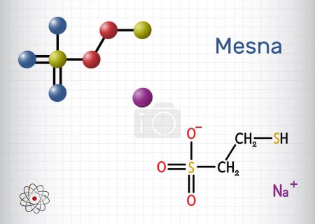 Ilustración de Molécula de Mesna. Se utiliza para reducir los efectos negativos de algunos medicamentos contra el cáncer en la vejiga. Fórmula química estructural, modelo molecular. Hoja de papel en una jaula. Ilustración vectorial - Imagen libre de derechos