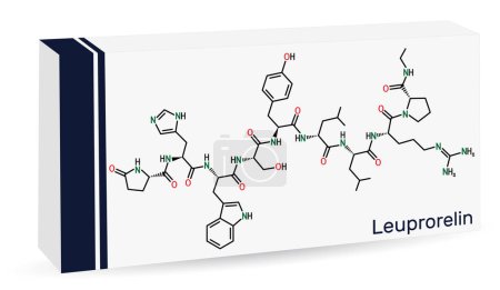 Téléchargez les illustrations : Leuprorelin, molécule leuprolide. Il est médicament pour le traitement du cancer de la prostate, leiomyomata utérin. Formule chimique squelettique. Emballage de papier pour drogues. Illustration vectorielle - en licence libre de droit