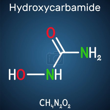 Ilustración de Hidroxicarbamida, molécula de hidroxiurea. Es medicamento antimetabolito para tratar la crisis de anemia drepanocítica. Fórmula química estructural sobre el fondo azul oscuro. Ilustración vectorial - Imagen libre de derechos