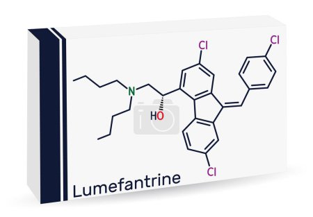 Ilustración de Lumefantrina, molécula de benflumetol. Se utiliza para el tratamiento de la malaria. Fórmula química esquelética. Envases de papel para medicamentos. Ilustración vectorial - Imagen libre de derechos