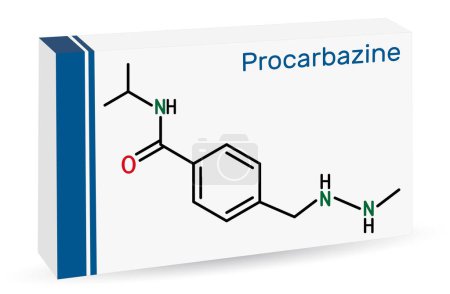 Illustration for Procarbazine chemotherapy medication molecule. It is used in therapy of Hodgkin's lymphoma, malignant melanoma. Skeletal chemical formula. Paper packaging for drugs. Vector illustration - Royalty Free Image