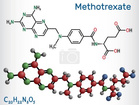 Ilustración de Metotrexato, molécula MTX. Es droga antineoplásica, usada el tratamiento del cáncer, de la psoriasis, de la artritis reumatoide. Fórmula química estructural, modelo molecular. Ilustración vectorial - Imagen libre de derechos