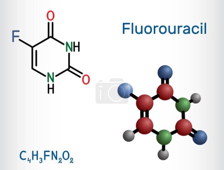 Ilustración de Fluorouracilo, molécula de 5-FU. Es un medicamento de quimioterapia citotóxica análogo de pirimidina que se usa para tratar el cáncer. Fórmula química estructural, modelo molecular. Ilustración vectorial - Imagen libre de derechos
