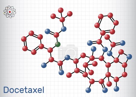 Téléchargez les illustrations : Docétaxel, molécule DTX ou DXL. C'est un agent antinéoplasique taxoïde utilisé dans le traitement de divers cancers. Modèle moléculaire. Feuille de papier en cage. Illustration vectorielle - en licence libre de droit