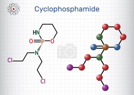 Illustration for Cyclophosphamide, cytophosphane, CP molecule. It is alkylating agent used in the treatment of several forms of cancer. Structural chemical formula, molecule model. Sheet of paper in a cage. Vector illustration - Royalty Free Image