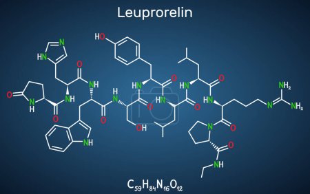 Téléchargez les illustrations : Leuprorelin, molécule leuprolide. Il est médicament pour le traitement du cancer de la prostate, leiomyomata utérin. Formule chimique structurelle sur le fond bleu foncé. Illustration vectorielle - en licence libre de droit