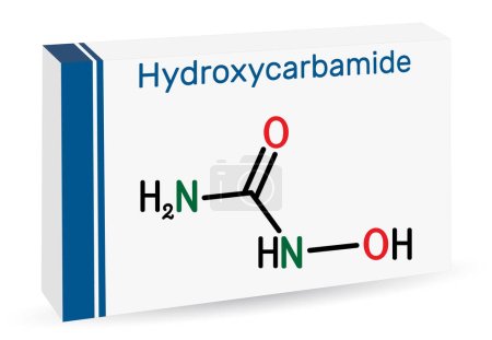 Ilustración de Hidroxicarbamida, molécula de hidroxiurea. Es medicamento antimetabolito para tratar la crisis de anemia drepanocítica. Fórmula química esquelética. Envases de papel para medicamentos. Ilustración vectorial - Imagen libre de derechos