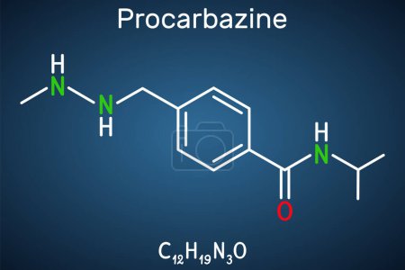 Illustration for Procarbazine chemotherapy medication molecule. It is used in therapy of Hodgkin's lymphoma, malignant melanoma. Structural chemical formula on the dark blue background. Vector illustration - Royalty Free Image