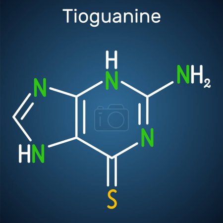 Téléchargez les illustrations : Tioguanine, thioguanine ou molécule de 6-thioguanine. Il s'agit d'un analogue de la purine, utilisé dans le traitement des leucémies myélogènes. Formule chimique structurelle sur le fond bleu foncé. Illustration vectorielle - en licence libre de droit