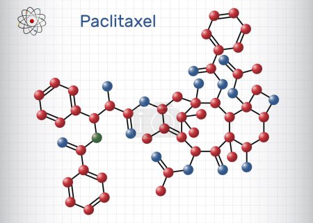 Téléchargez les illustrations : Paclitaxel, molécule PTX. Il est un agent chimiothérapeutique taxoïde utilisé pour le traitement du cancer de l'ovaire, du sein et du poumon. Formule chimique structurelle, modèle moléculaire. Feuille de papier en cage. Illustration vectorielle - en licence libre de droit