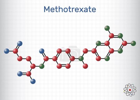 Ilustración de Metotrexato, molécula MTX. Es droga antineoplásica, usada el tratamiento del cáncer, de la psoriasis, de la artritis reumatoide. Fórmula química estructural, modelo molecular. Hoja de papel en una jaula. Ilustración vectorial - Imagen libre de derechos