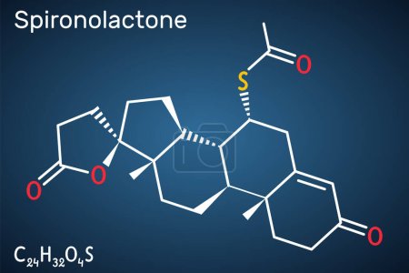 Molécula de espironolactona. Es antagonista del receptor de aldosterona utilizado para el tratamiento de la hipertensión, hiperaldosteronismo, edema. Fórmula química estructural sobre el fondo azul oscuro. Ilustración vectorial