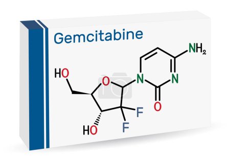 Illustration for Gemcitabine molecule. It is antineoplastic agent used in the therapy of  pancreatic, lung, breast, ovarian, bladder cancer. Skeletal chemical formula. Paper packaging for drugs. Vector illustration - Royalty Free Image