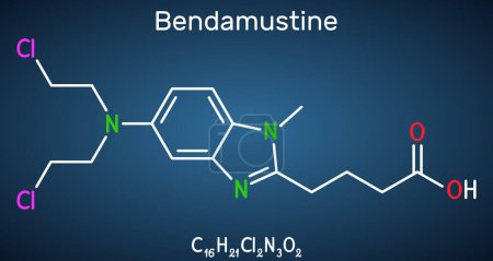 Illustration for Bendamustine molecule. It is alkylating agent, used in treatment of lymphocytic leukemia. Structural chemical formula on the dark blue background. Vector illustration - Royalty Free Image
