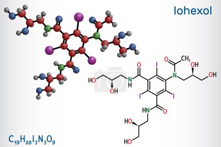 Illustration for Iohexol molecule. It is  contrast agent used in myelography and contrast enhancement for computerized tomography. Structural chemical formula, molecule model. Vector illustration - Royalty Free Image