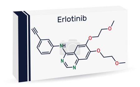 Illustration for Erlotinib drug molecule. It is used to treat lung cancer, NSCLC and pancreatic cancer. Skeletal chemical formula. Paper packaging for drugs. Vector illustration - Royalty Free Image