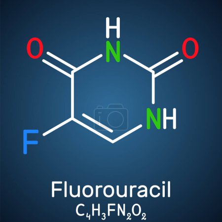 Ilustración de Fluorouracilo, molécula de 5-FU. Es un medicamento de quimioterapia citotóxica análogo de pirimidina que se usa para tratar el cáncer. Fórmula química estructural sobre el fondo azul oscuro. Ilustración vectorial - Imagen libre de derechos