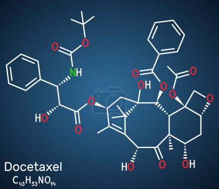 Téléchargez les illustrations : Docétaxel, molécule DTX ou DXL. C'est un agent antinéoplasique taxoïde utilisé dans le traitement de divers cancers. Formule chimique structurelle sur le fond bleu foncé. Illustration vectorielle - en licence libre de droit