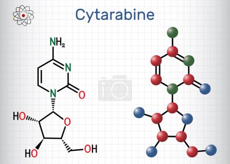 Illustration for Cytarabine, cytosine arabinoside, ara-C molecule. It is chemotherapy medication. Structural chemical formula and molecule model. Sheet of paper in a cage. Vector illustration - Royalty Free Image