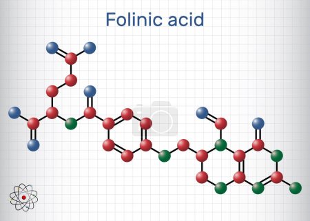 Ilustración de Ácido folínico, molécula de leucovorina. Es análogo del folato, usado para tratar cáncer colorrectal, cáncer de páncreas. Modelo molecular. Hoja de papel en una jaula. Ilustración vectorial - Imagen libre de derechos