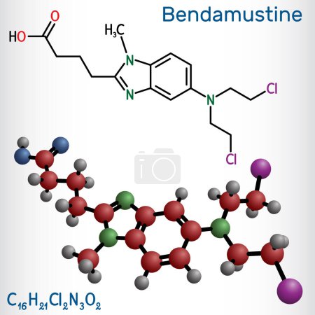 Illustration for Bendamustine molecule. It is alkylating agent, used in treatment of lymphocytic leukemia. Structural chemical formula, molecule model. Vector illustration - Royalty Free Image