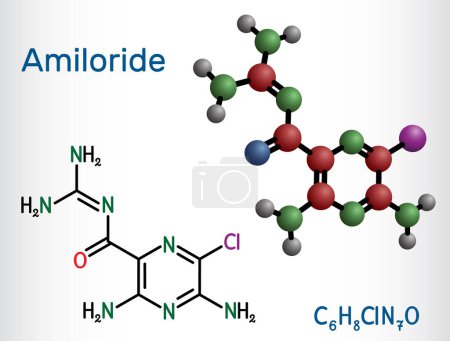 Illustration for Amiloride molecule. It is pyrizine compound used to treat hypertension, congestive heart failure. Structural chemical formula, molecule model. Vector illustration - Royalty Free Image