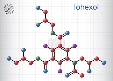 Illustration for Iohexol molecule. It is  contrast agent used in myelography and contrast enhancement for computerized tomography. Molecule model. Sheet of paper in a cage. Vector illustration - Royalty Free Image