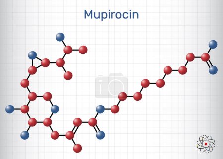 Ilustración de Molécula de mupirocina. Es ungüento antibacteriano utilizado para tratar el impétigo y las infecciones de la piel. Fórmula química estructural, modelo molecular. Hoja de papel en una jaula. Ilustración vectorial - Imagen libre de derechos