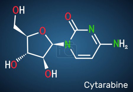 Téléchargez les illustrations : Cytarabine, cytosine arabinoside, molécule ara-C. C'est un médicament de chimiothérapie. Formule chimique structurelle sur le fond bleu foncé. Illustration vectorielle - en licence libre de droit
