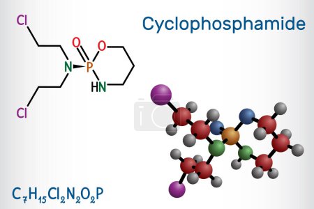 Illustration for Cyclophosphamide, cytophosphane, CP molecule. It is alkylating agent used in the treatment of several forms of cancer. Structural chemical formula, molecule model. Vector illustration - Royalty Free Image