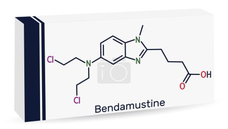 Illustration for Bendamustine molecule. It is alkylating agent, used in treatment of lymphocytic leukemia. Skeletal chemical formula. Paper packaging for drugs. Vector illustration - Royalty Free Image