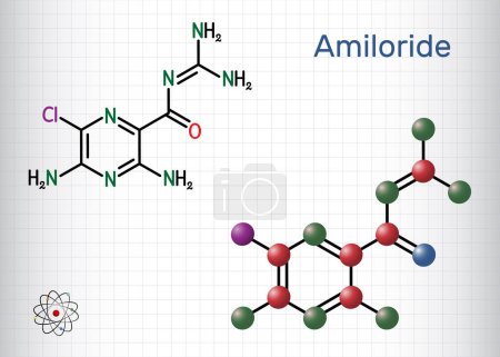Illustration for Amiloride molecule. It is pyrizine compound used to treat hypertension, congestive heart failure. Structural chemical formula, molecule model. Sheet of paper in a cage. Vector illustration - Royalty Free Image