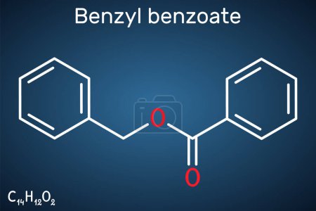 Téléchargez les illustrations : Molécule benzoate de benzyle. Il s'agit d'un traitement topique contre la gale et les poux. Formule chimique structurelle sur le fond bleu foncé. Illustration vectorielle - en licence libre de droit