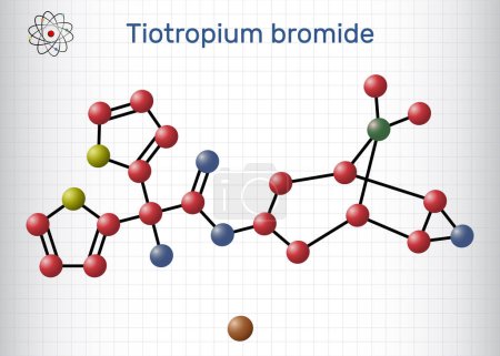 Illustration for Tiotropium bromide molecule. Antimuscarinic bronchodilator used in the tratement of chronic obstructive pulmonary disease COPD, asthma. Structural chemical formula, molecule model. Sheet of paper in a cage. Vector illustration - Royalty Free Image