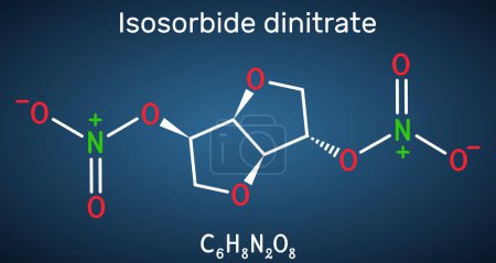 Illustration for Isosorbide dinitrate, ISDN molecule. It is vasodilator used to treat angina in coronary artery disease. Skeletal chemical formula. Paper packaging for drugs. Vector illustration - Royalty Free Image