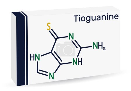 Téléchargez les illustrations : Tioguanine, thioguanine ou molécule de 6-thioguanine. Il s'agit d'un analogue de la purine, utilisé dans le traitement des leucémies myélogènes. Formule chimique squelettique. Emballage de papier pour drogues. Illustration vectorielle - en licence libre de droit