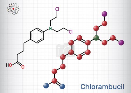 Illustration for Chlorambucil molecule. It is chemotherapy agent used in the treatment of lymphocytic leukemia, malignant lymphomas. Structural chemical formula, molecule model. Sheet of paper in a cage. Vector illustration - Royalty Free Image